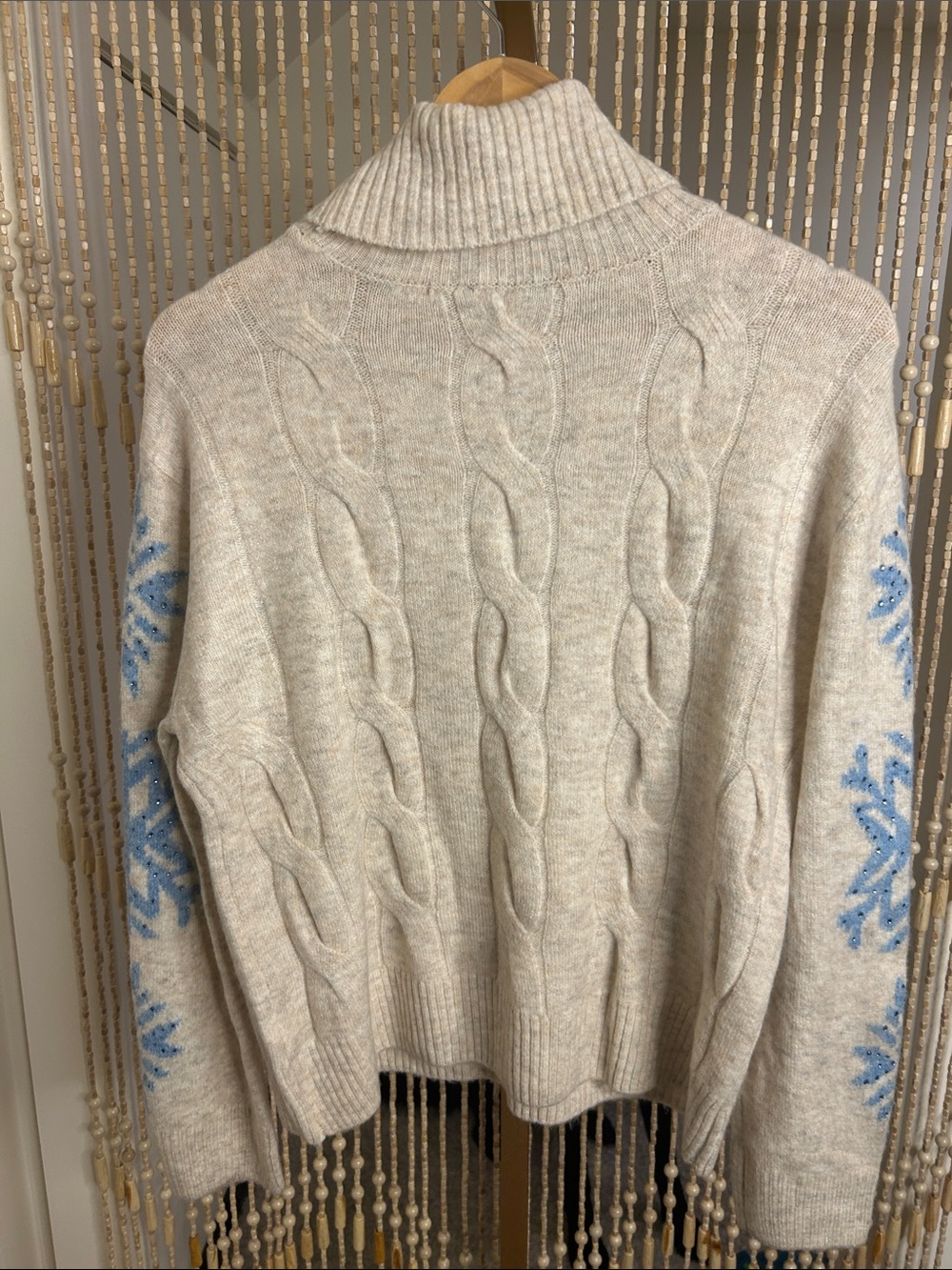 1. State Cream Cable-Knit Turtleneck Sweater with Blue Snowflake Sleeves - Picture 5 of 6